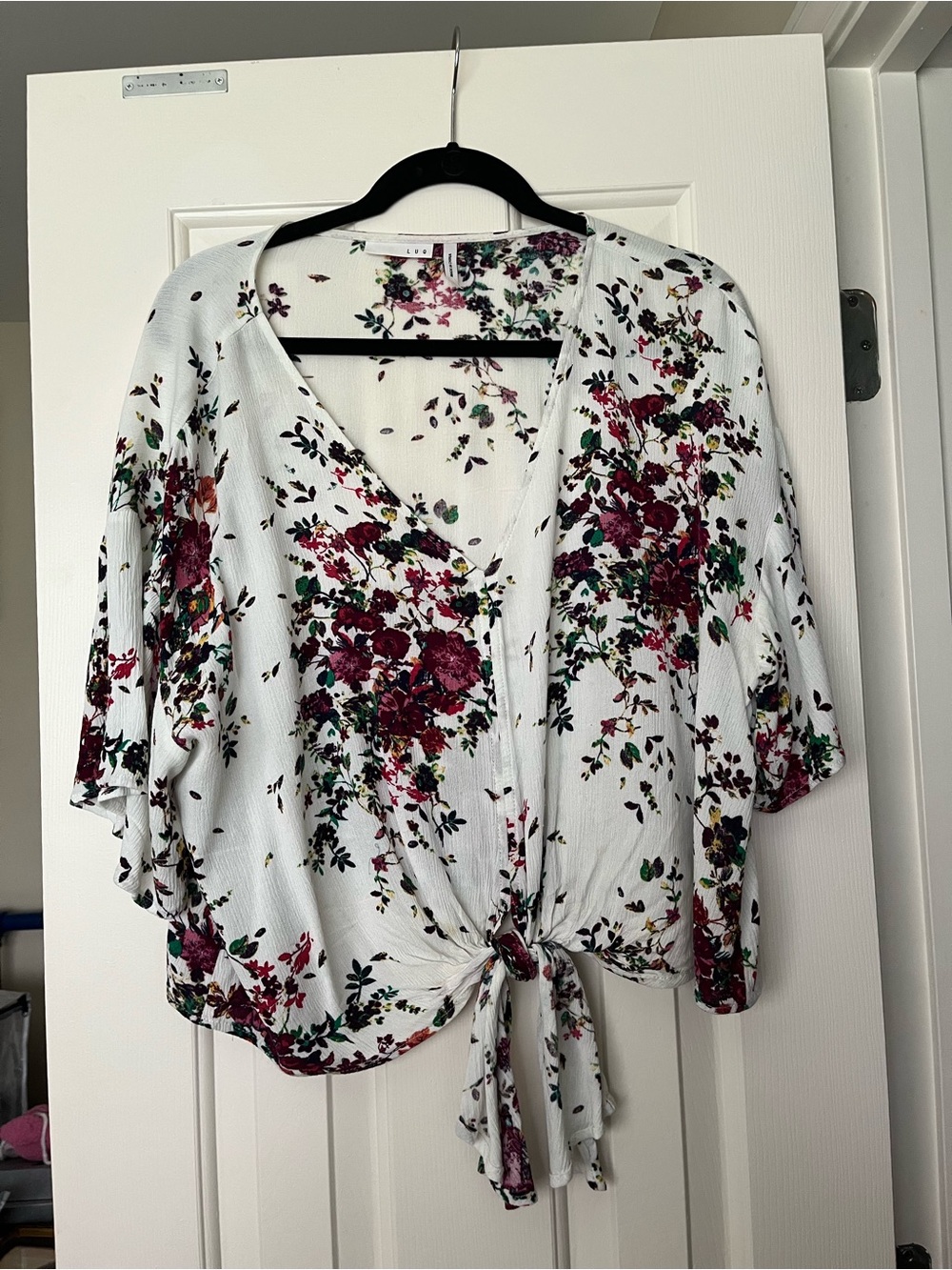Floral Tie-Front V-Neck Crop Top - White with Burgundy Floral